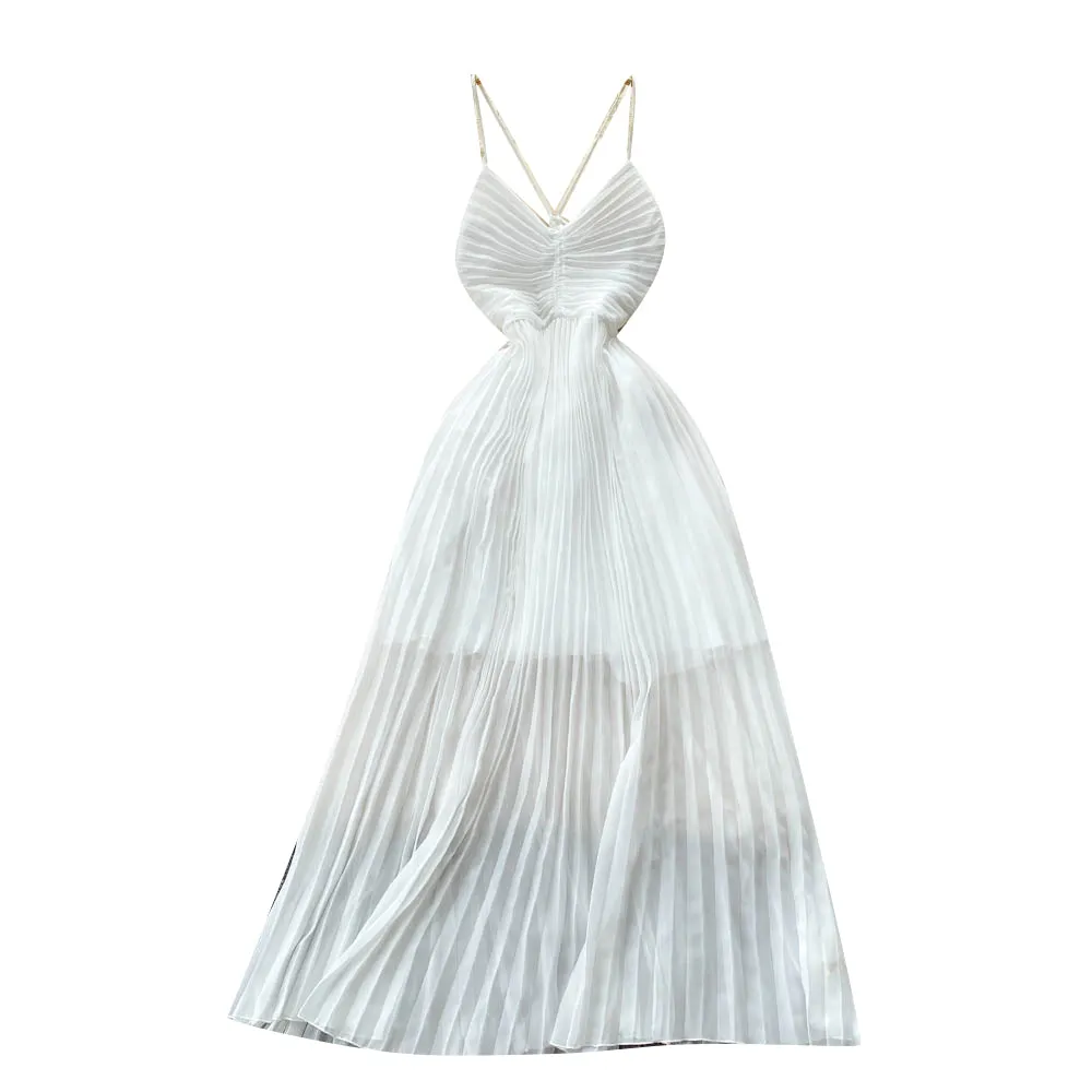 High-waist Pleated White Chiffon Dress