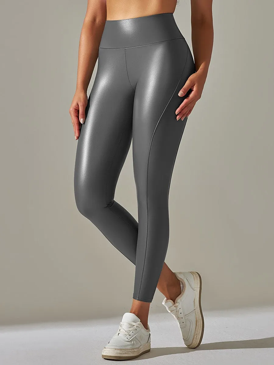 High Waist Red Athletic Style Faux Leather Leggings