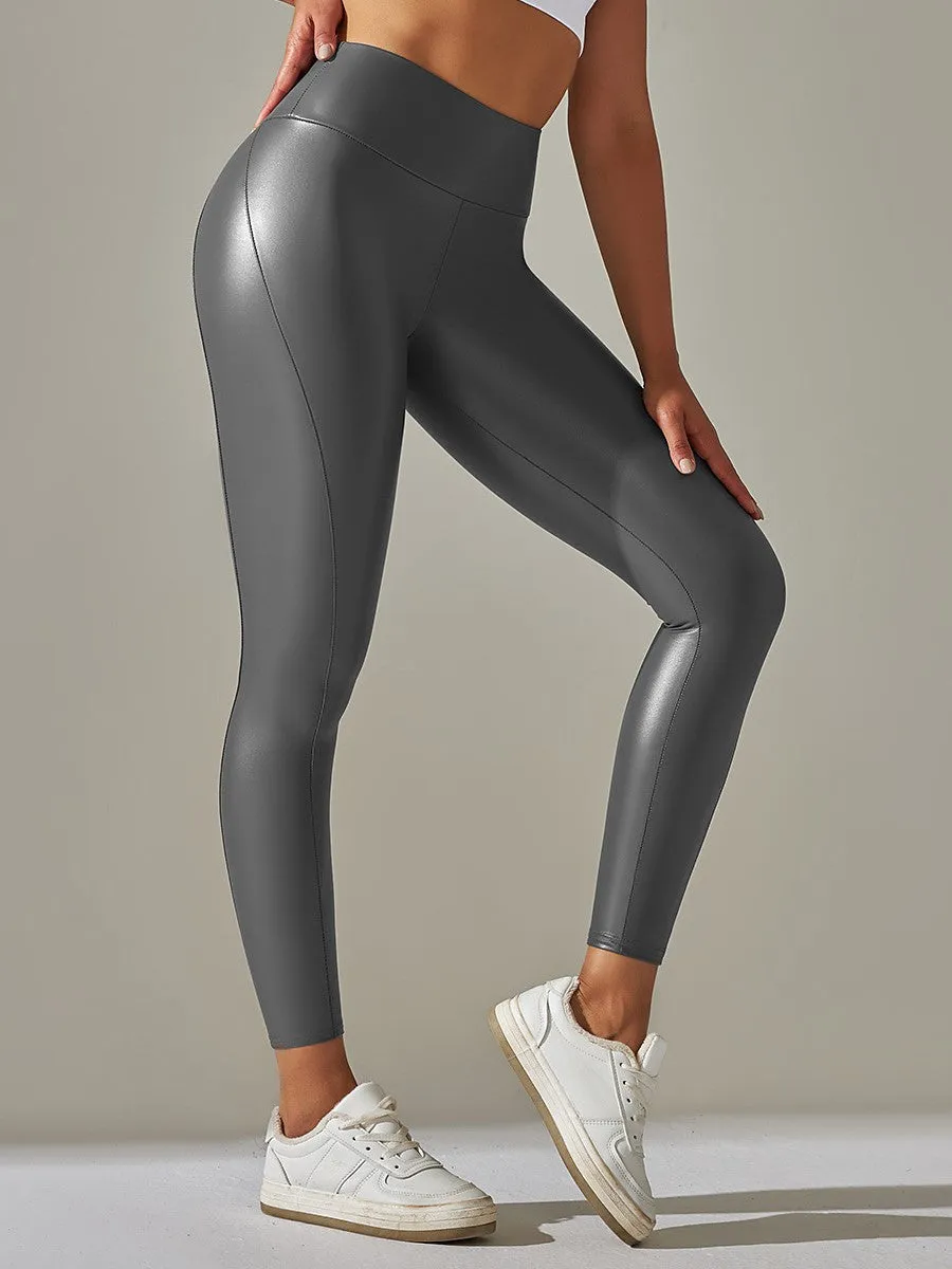 High Waist Red Athletic Style Faux Leather Leggings