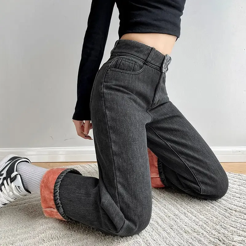 High Waist Thick Velvet Jeans