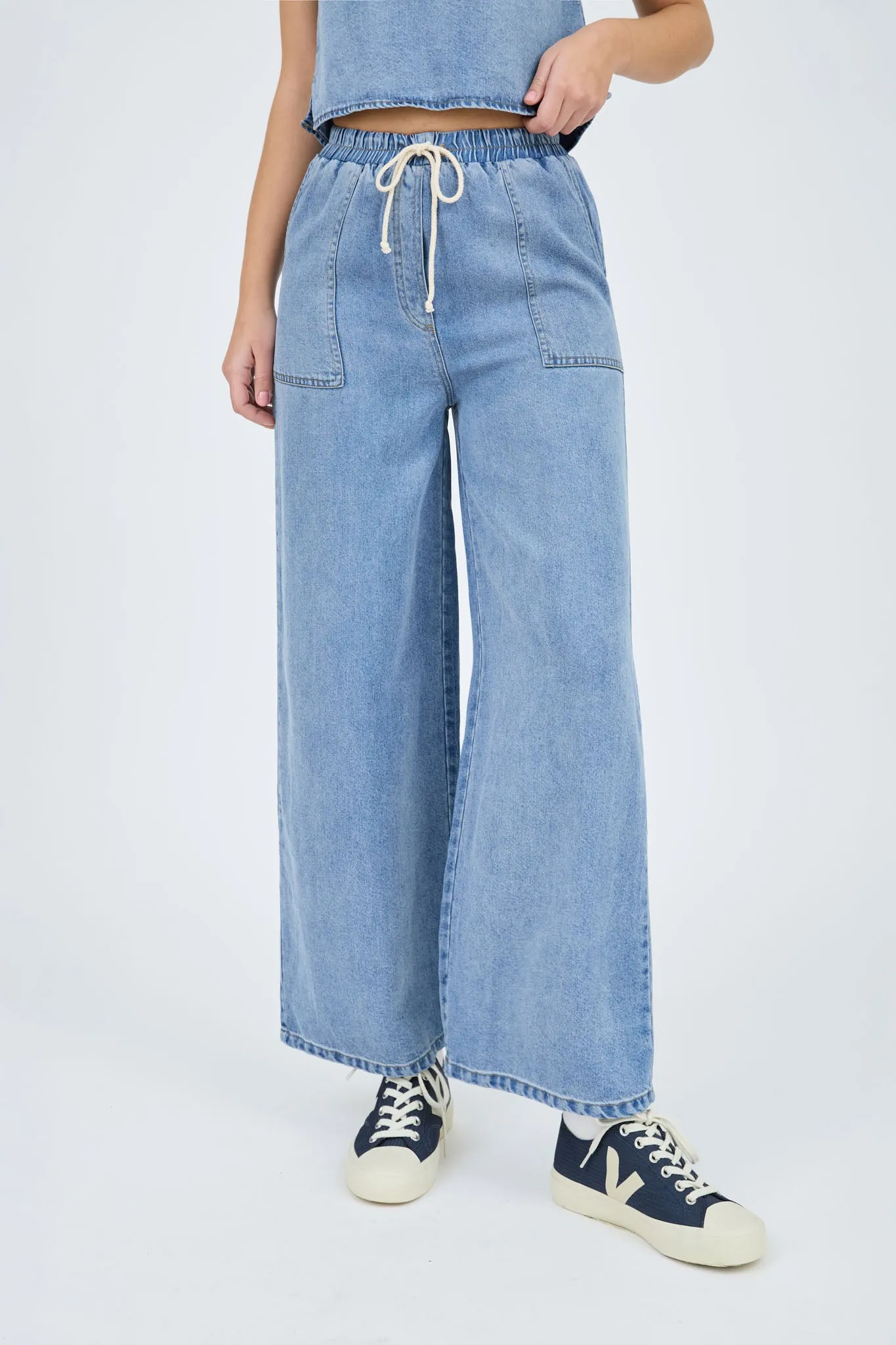 HIGH WAIST WIDE LEG WASHED CHAMBRAY PANTS (PRE-ORDER)