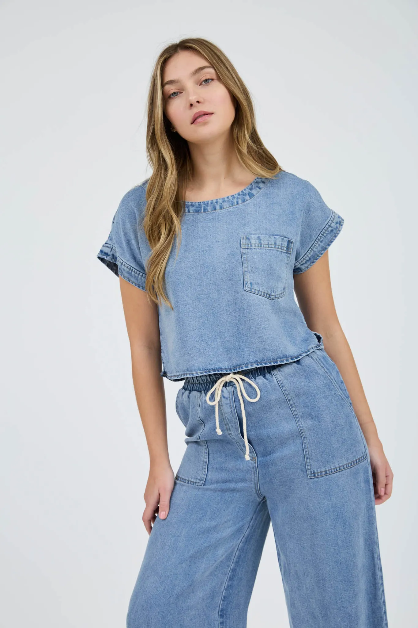 HIGH WAIST WIDE LEG WASHED CHAMBRAY PANTS (PRE-ORDER)