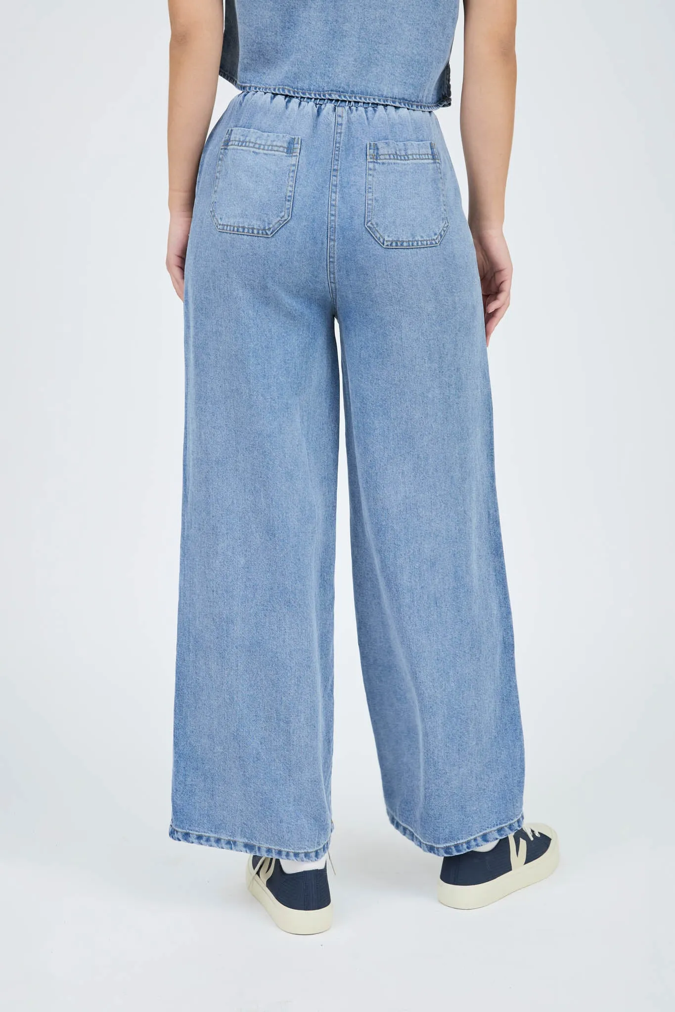 HIGH WAIST WIDE LEG WASHED CHAMBRAY PANTS (PRE-ORDER)