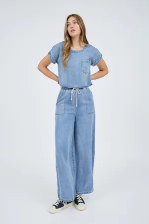 HIGH WAIST WIDE LEG WASHED CHAMBRAY PANTS (PRE-ORDER)