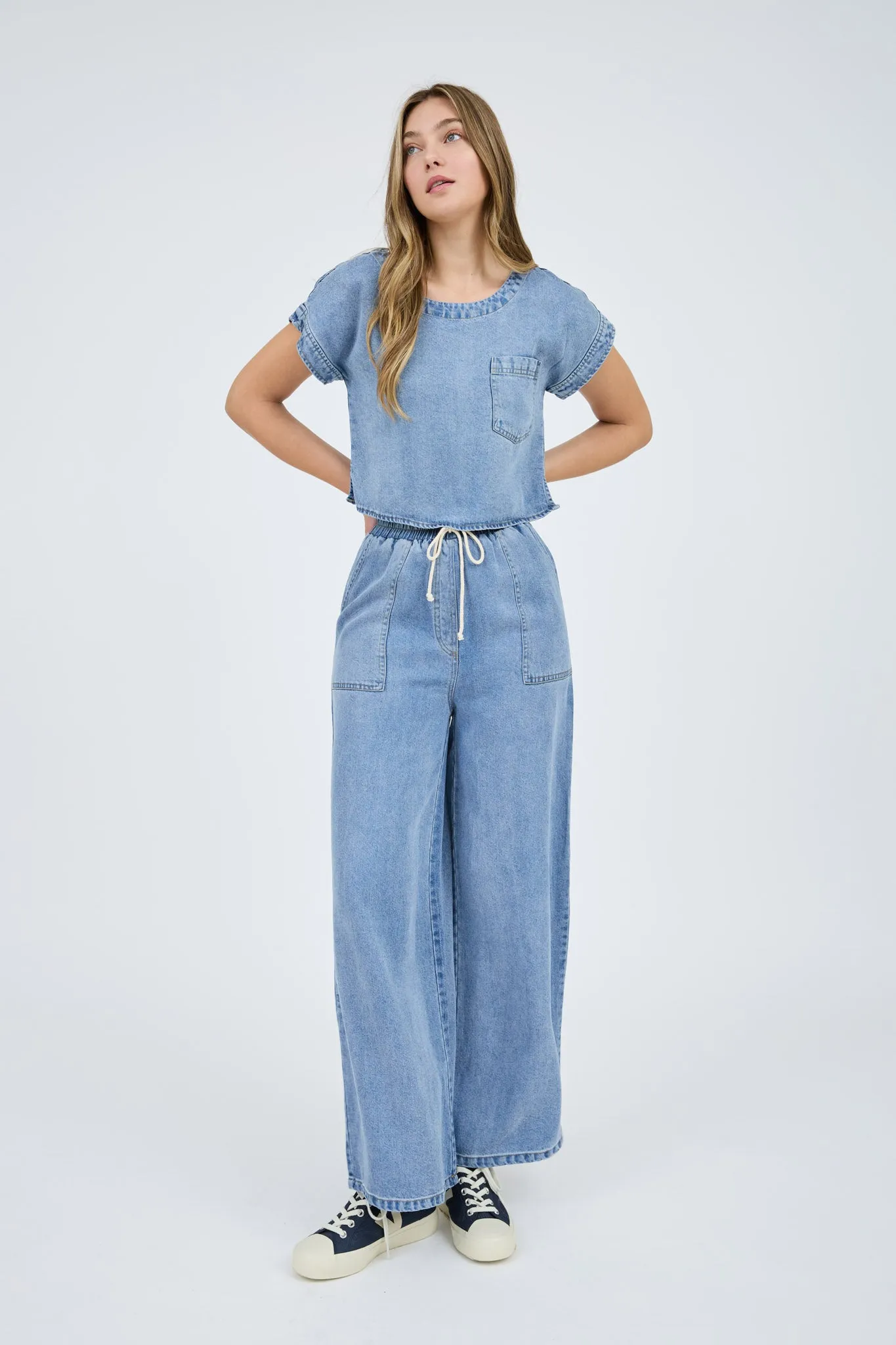 HIGH WAIST WIDE LEG WASHED CHAMBRAY PANTS (PRE-ORDER)