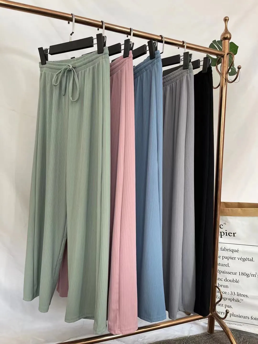 Ice Silk Wide Leg Floor Length Casual Women Summer High Waist Drape Solid Colored Knitted Straight Jeans Pants