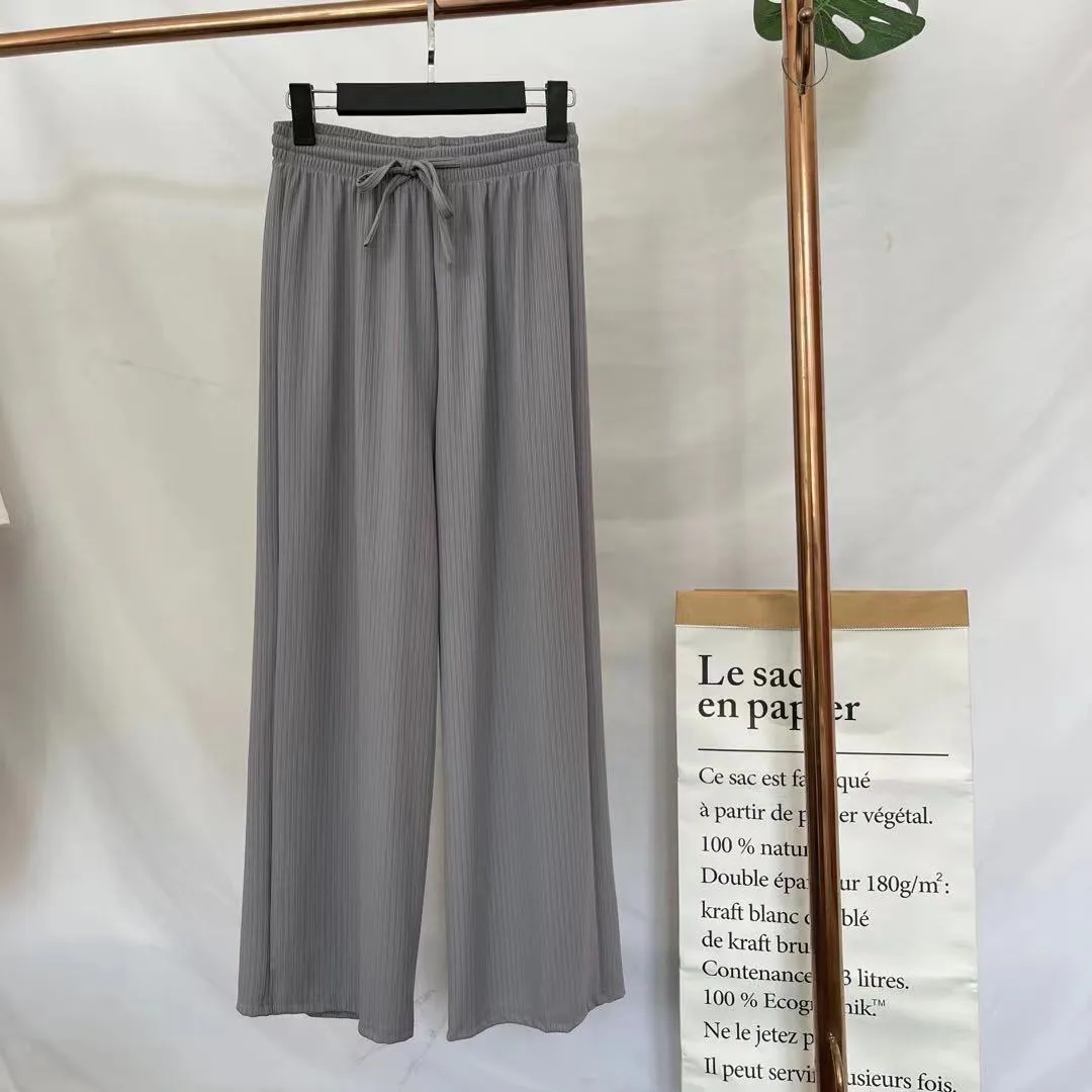 Ice Silk Wide Leg Floor Length Casual Women Summer High Waist Drape Solid Colored Knitted Straight Jeans Pants