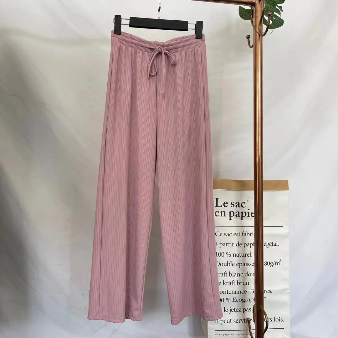 Ice Silk Wide Leg Floor Length Casual Women Summer High Waist Drape Solid Colored Knitted Straight Jeans Pants