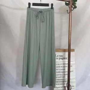 Ice Silk Wide Leg Floor Length Casual Women Summer High Waist Drape Solid Colored Knitted Straight Jeans Pants
