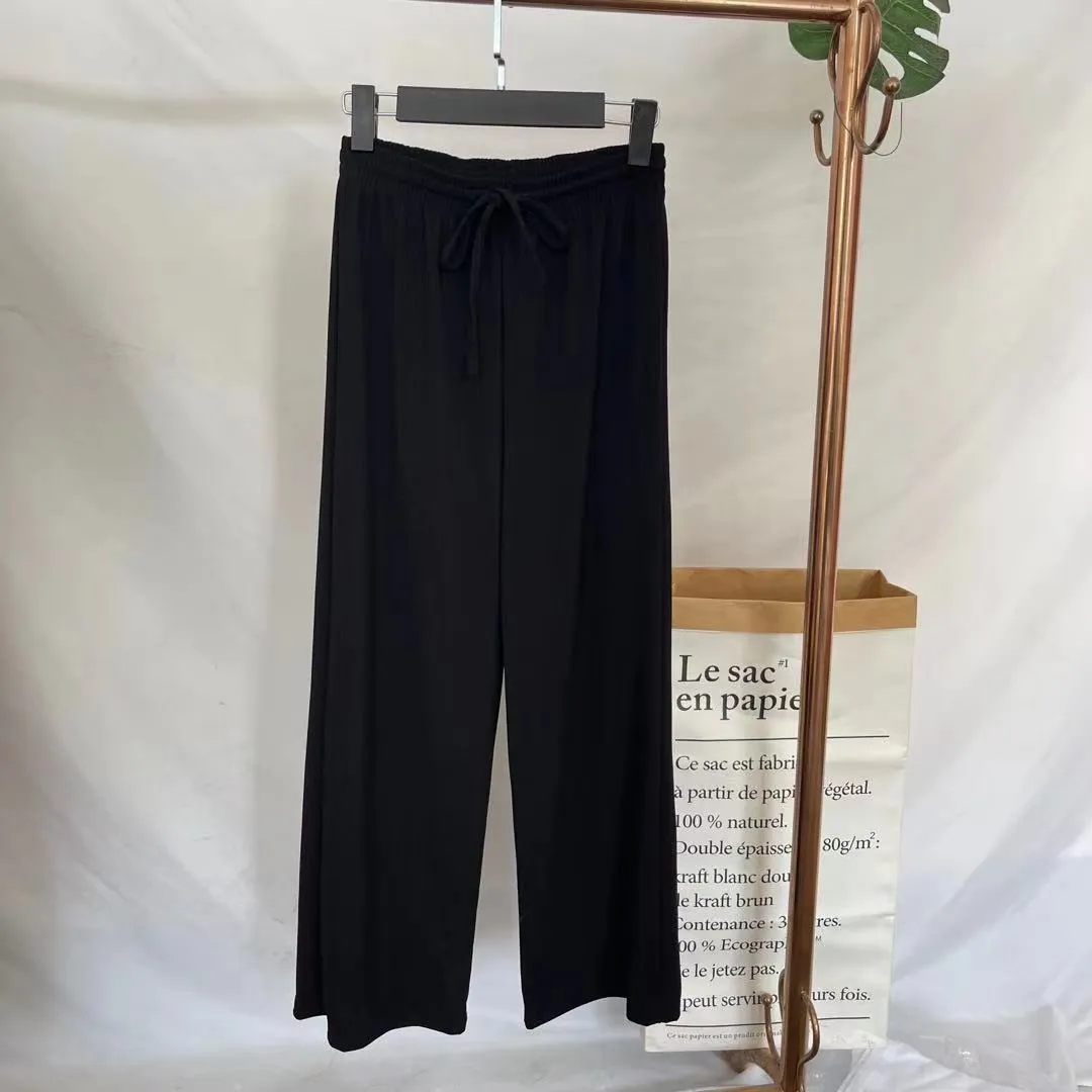 Ice Silk Wide Leg Floor Length Casual Women Summer High Waist Drape Solid Colored Knitted Straight Jeans Pants