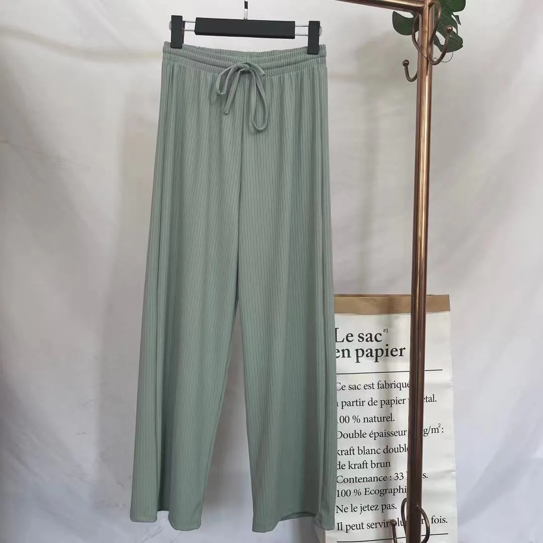 Ice Silk Wide Leg Floor Length Casual Women Summer High Waist Drape Solid Colored Knitted Straight Jeans Pants