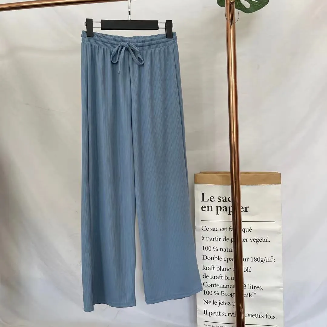 Ice Silk Wide Leg Floor Length Casual Women Summer High Waist Drape Solid Colored Knitted Straight Jeans Pants