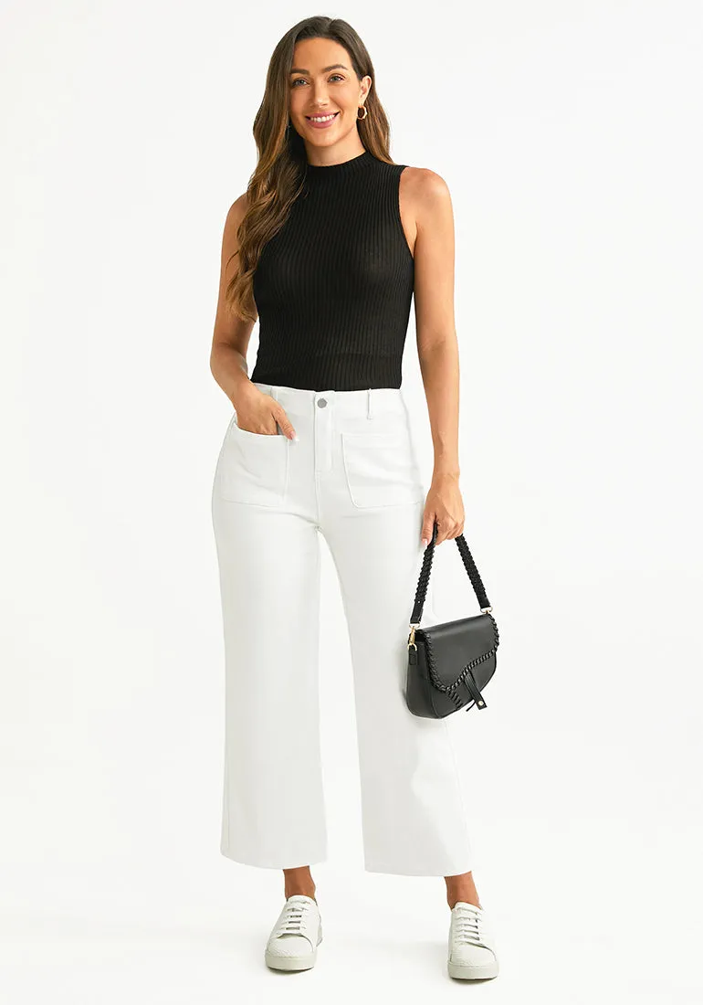 Ivory White Women's High Waisted Denim Wide Leg Jeans Pants Trouser