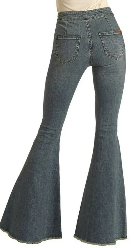 LADIES ROCK AND ROLL BUTTON BELLS HIGH RISE STRETCH FLARE JEANS #WPB2670