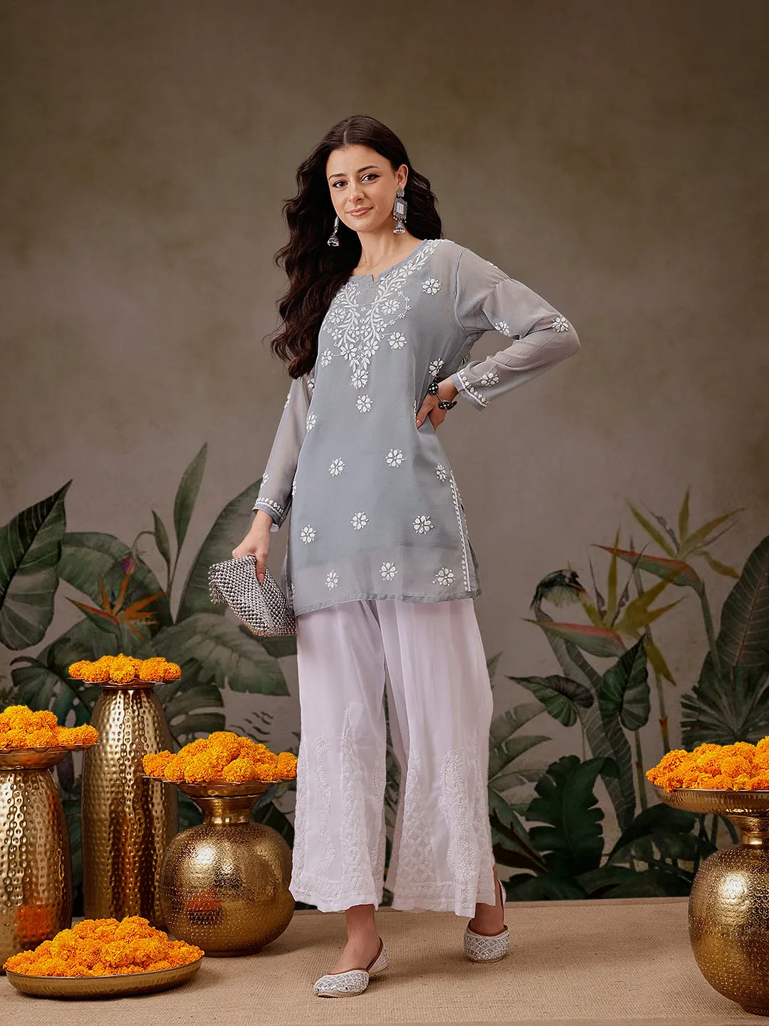 Lava Gray Poly Georgette Boho Tunic with Slip
