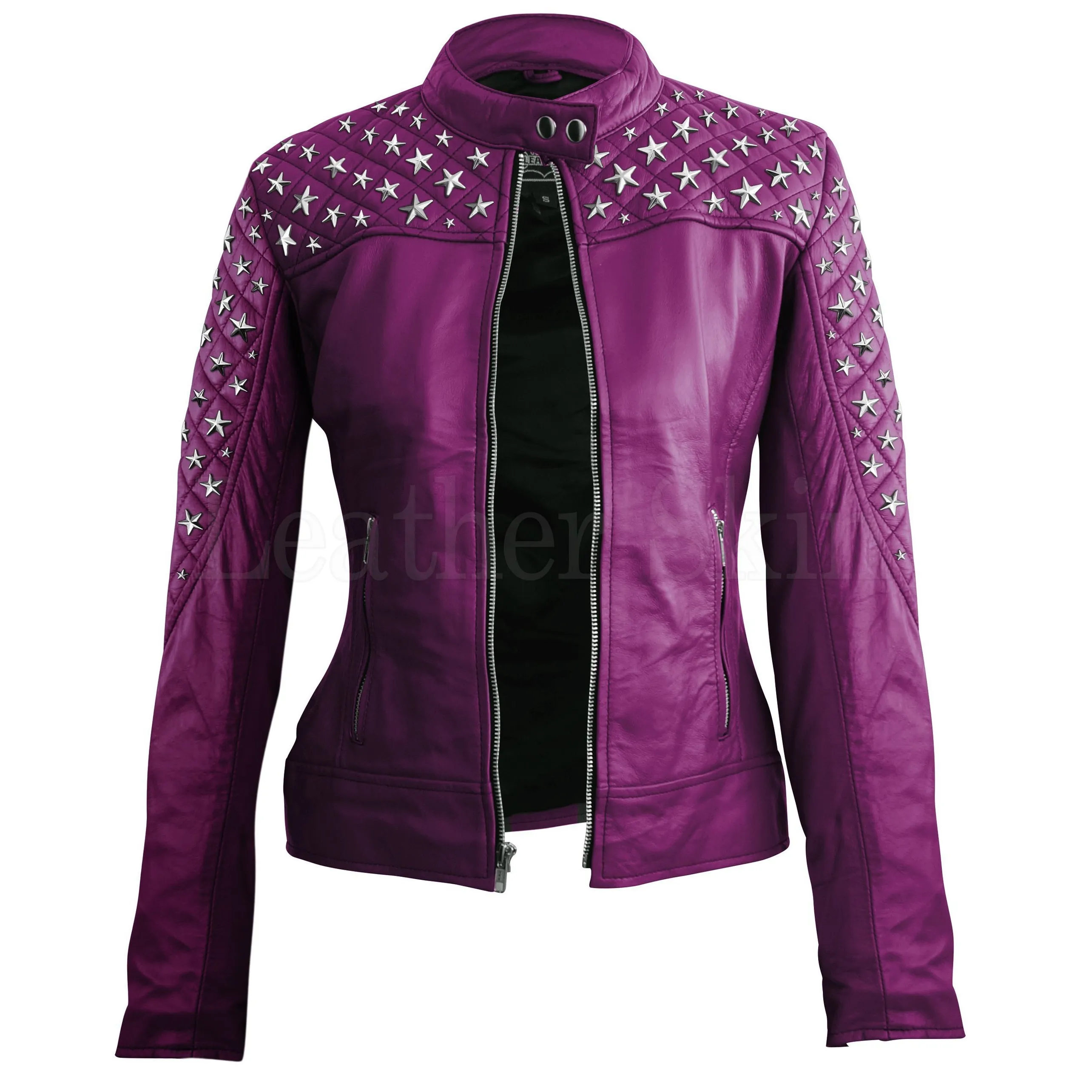 Leather Skin Women Purple Star Silver Studs Quilted Genuine Leather Jacket