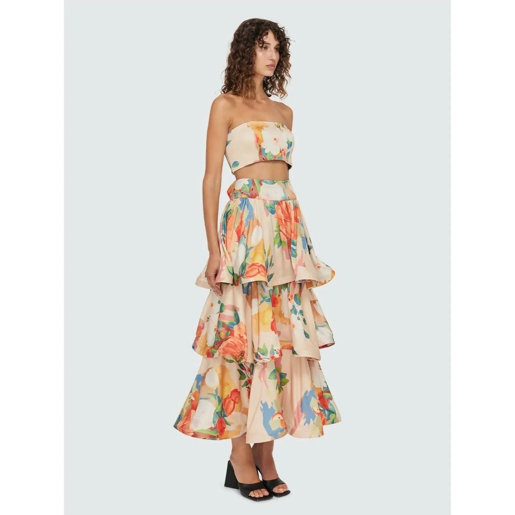 Leo Lin Florescence Bustier Crop and Tiered Maxi Skirt