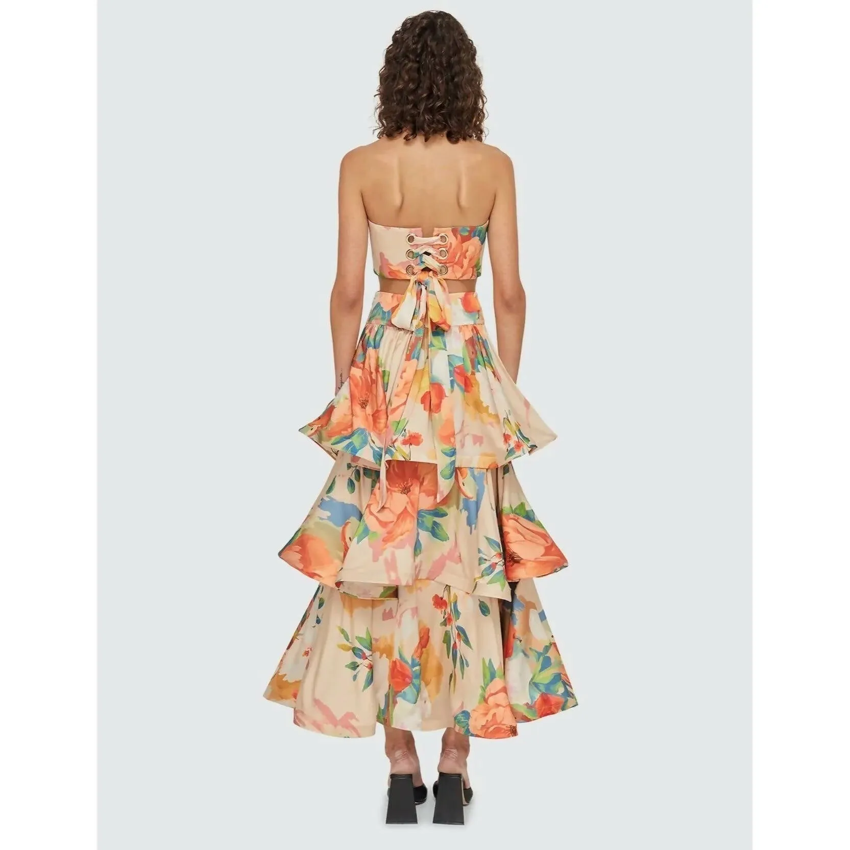 Leo Lin Florescence Bustier Crop and Tiered Maxi Skirt