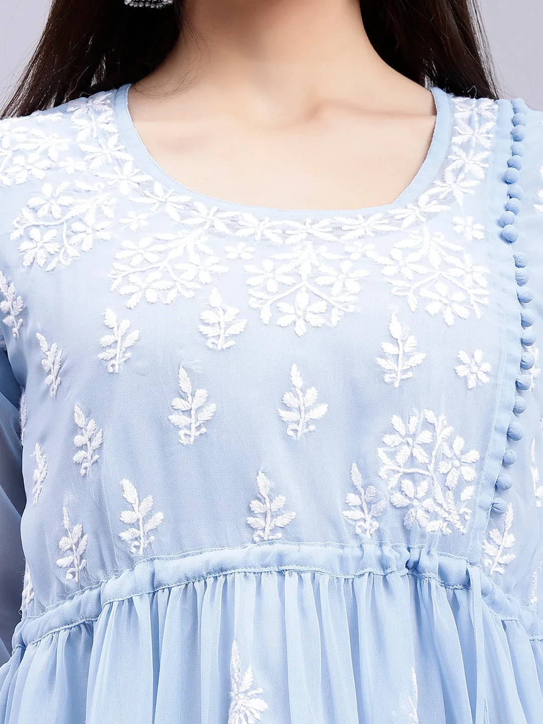 Light Blue Georgette Angarkha Chikankari Tunic With Slip
