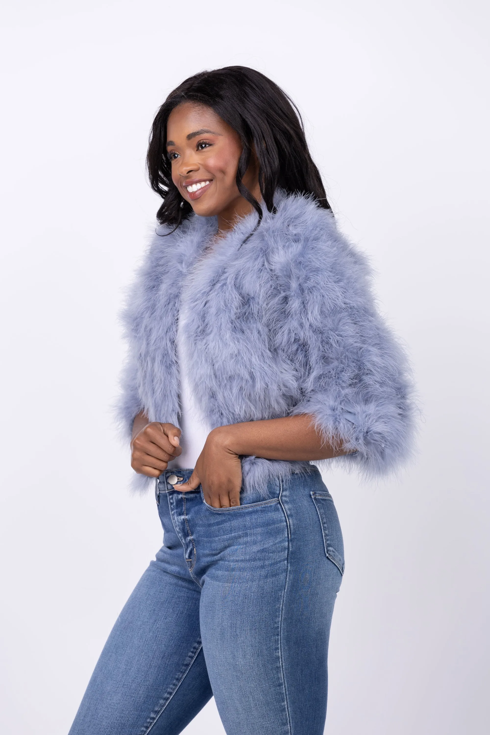 Linda Richards Feather Bolero Jacket in Blue