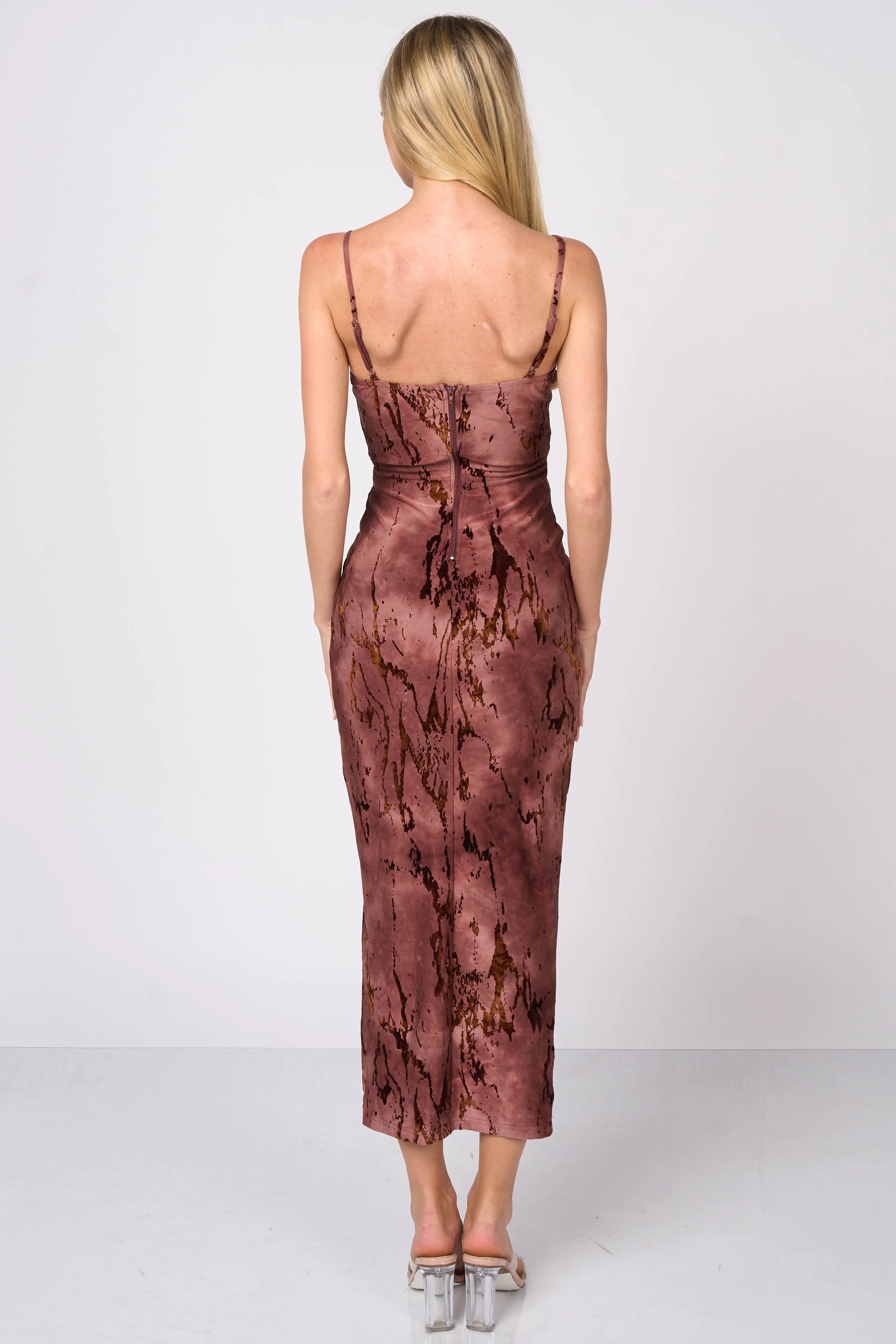 LUXE BURNOUT MESH COWL NECK SIDE SLIT MAXIDRESS