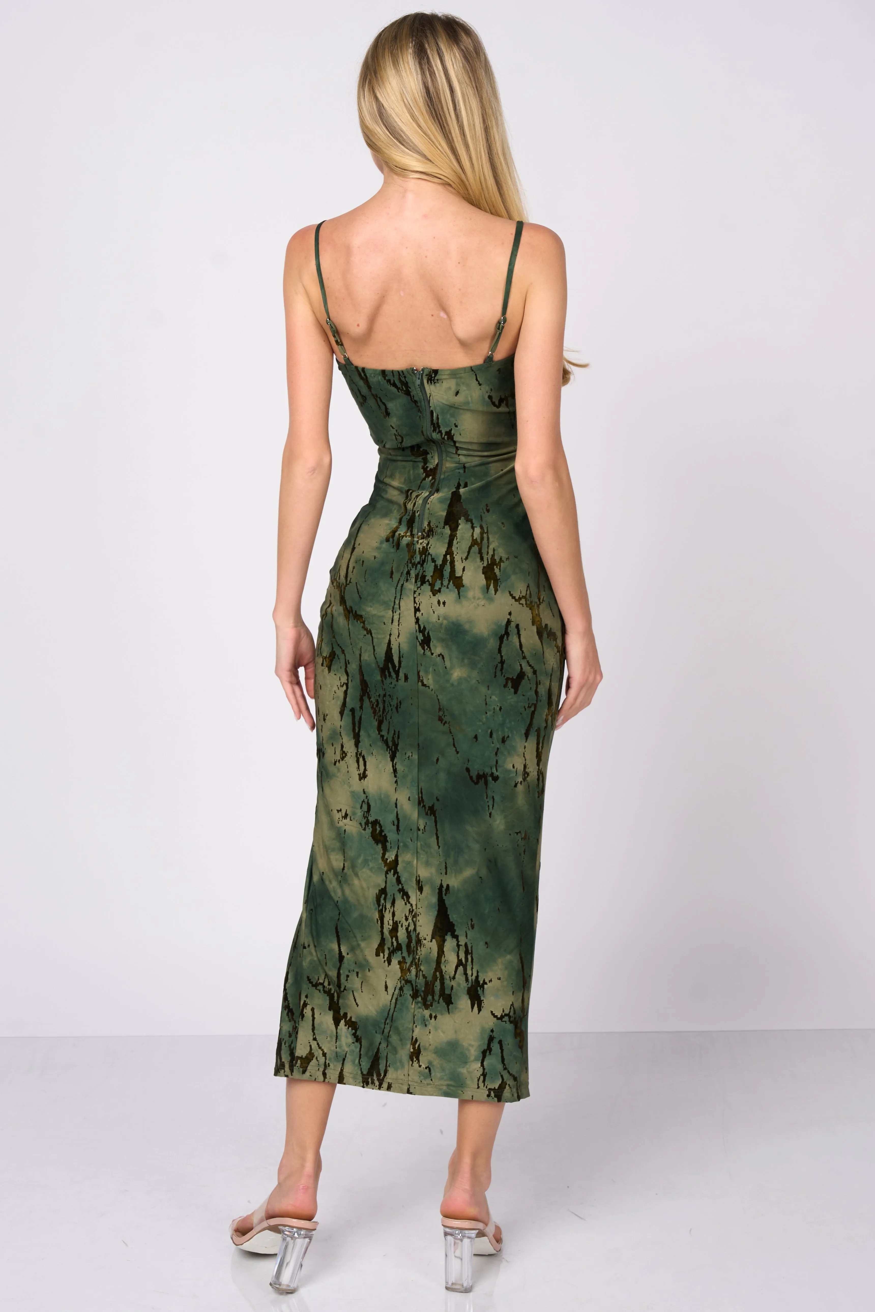 LUXE BURNOUT MESH COWL NECK SIDE SLIT MAXIDRESS