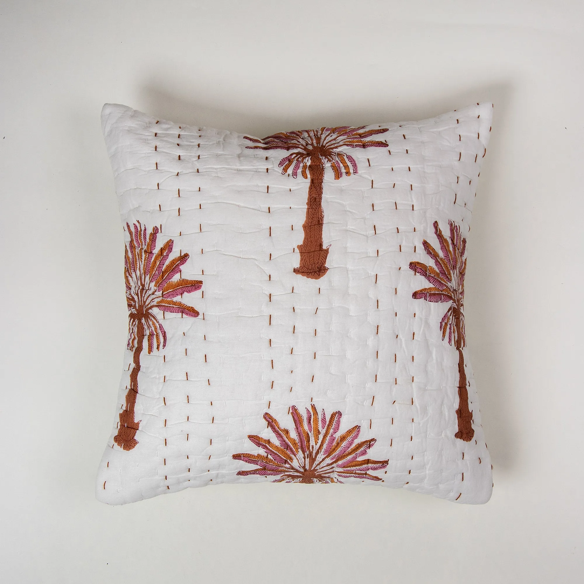 Luxury Brown Palm Tree Printed Kantha Quilted Cushion Pattern
