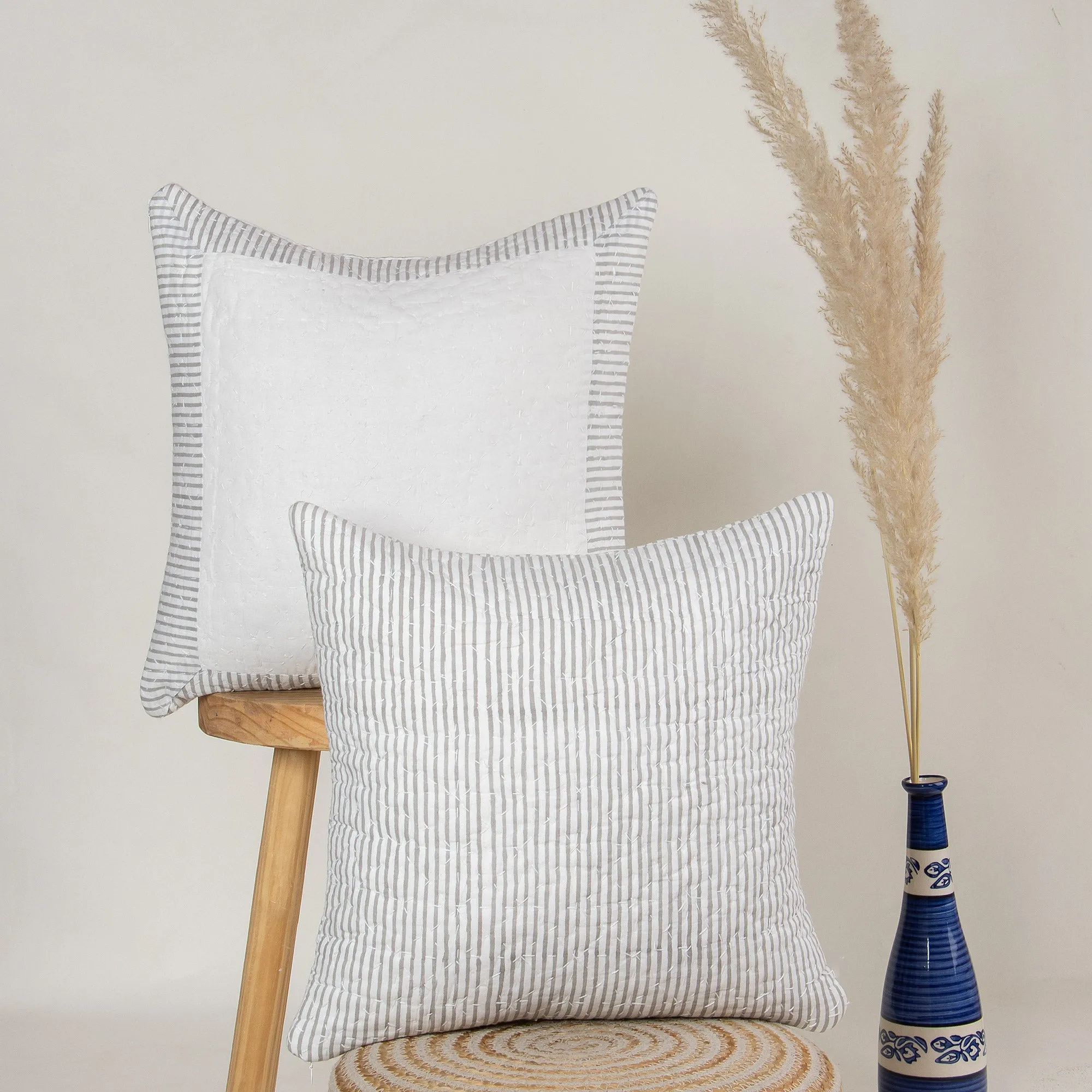 Luxury Grey Stripes Printed Cotton Cushion Cover