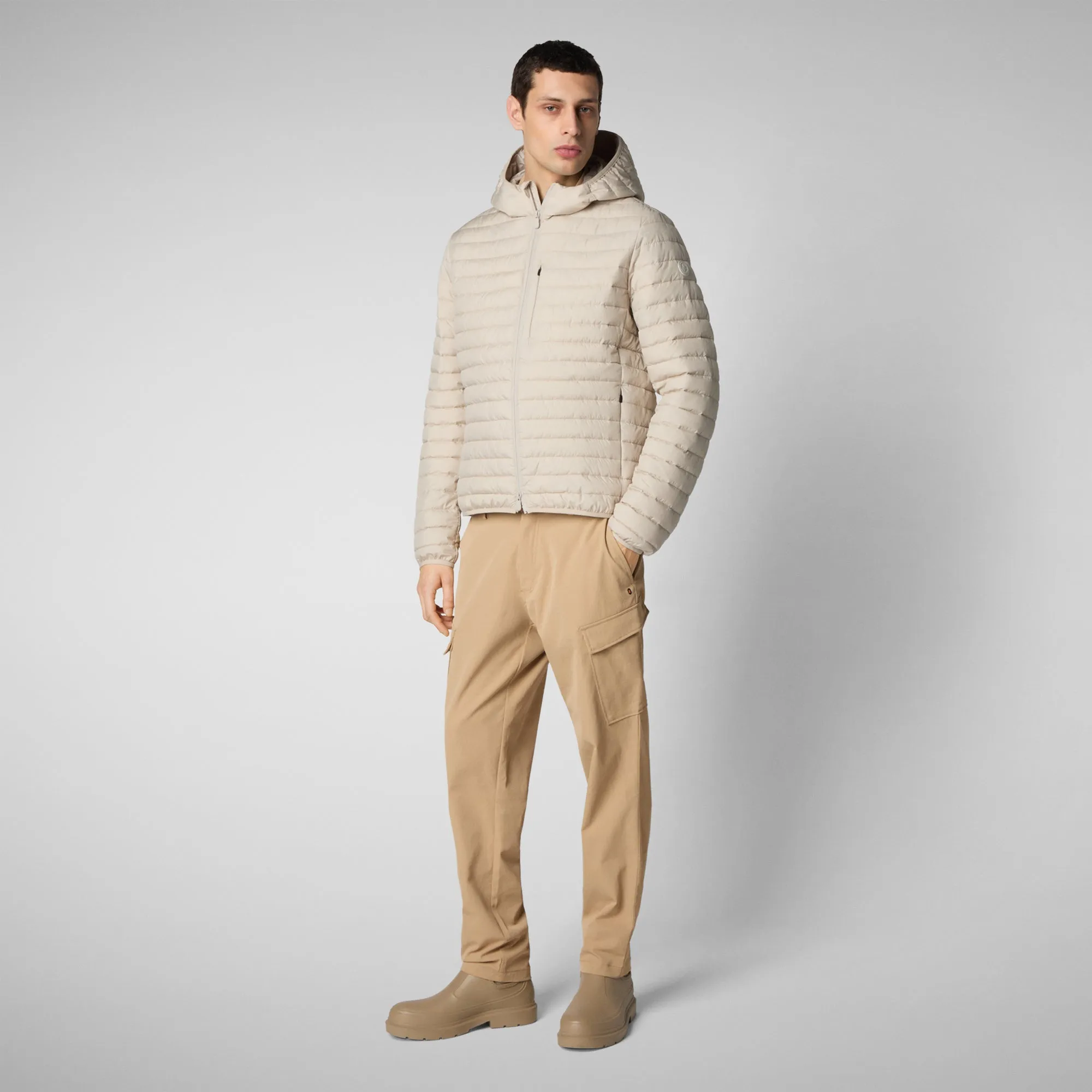 Man's  hooded animal free puffer jacket cael in rainy beige