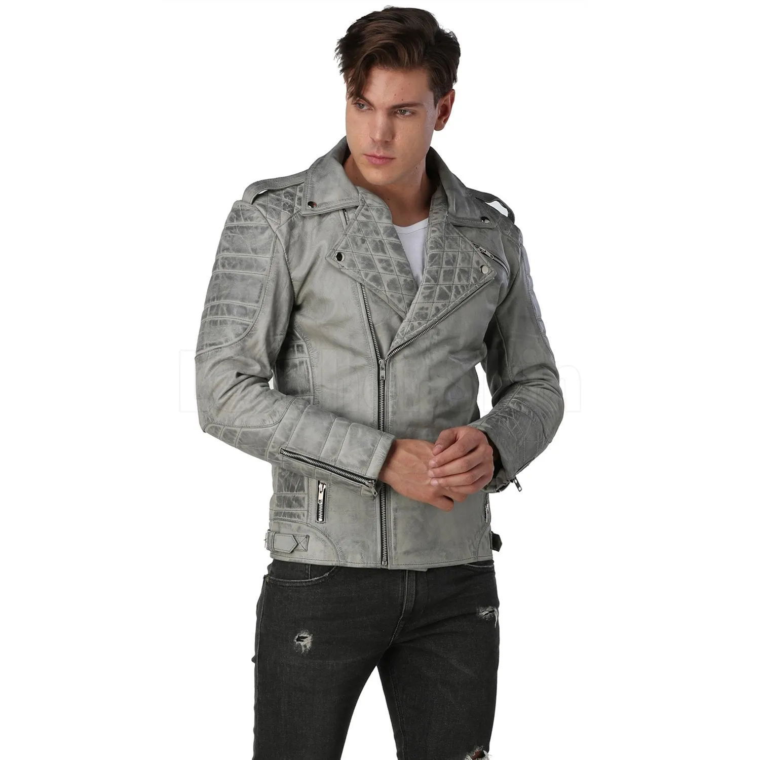 Men Distressed Gray Biker Leather Jacket