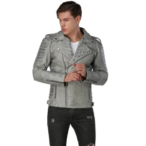 Men Distressed Gray Biker Leather Jacket