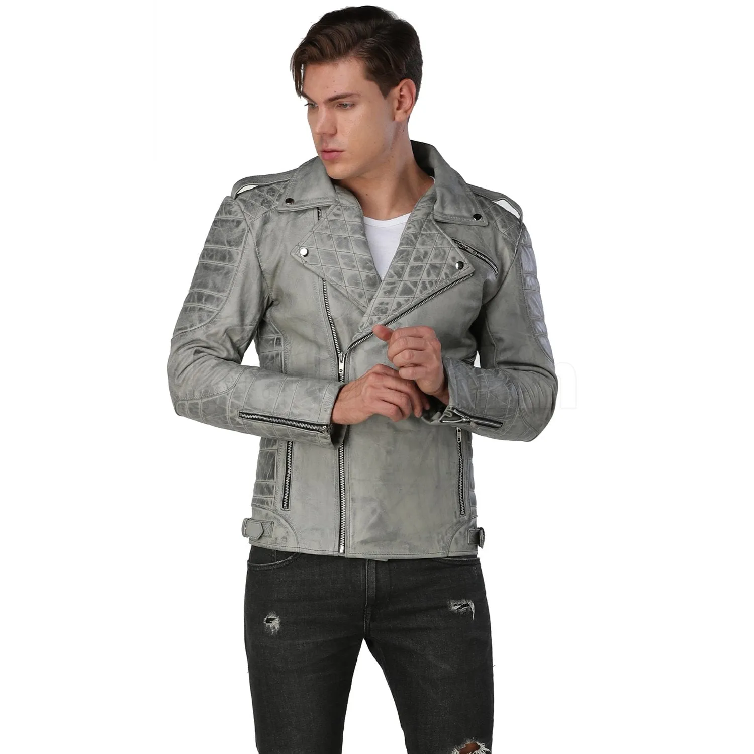 Men Distressed Gray Biker Leather Jacket