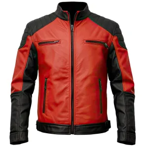 Men's Red Cafe Racer Motorcycle Genuine Sheepskin Leather Jacket
