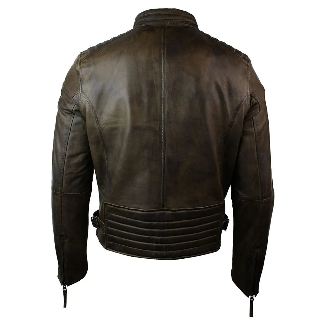 Men's Zipped Biker Jacket Washed Leather Brown Urban