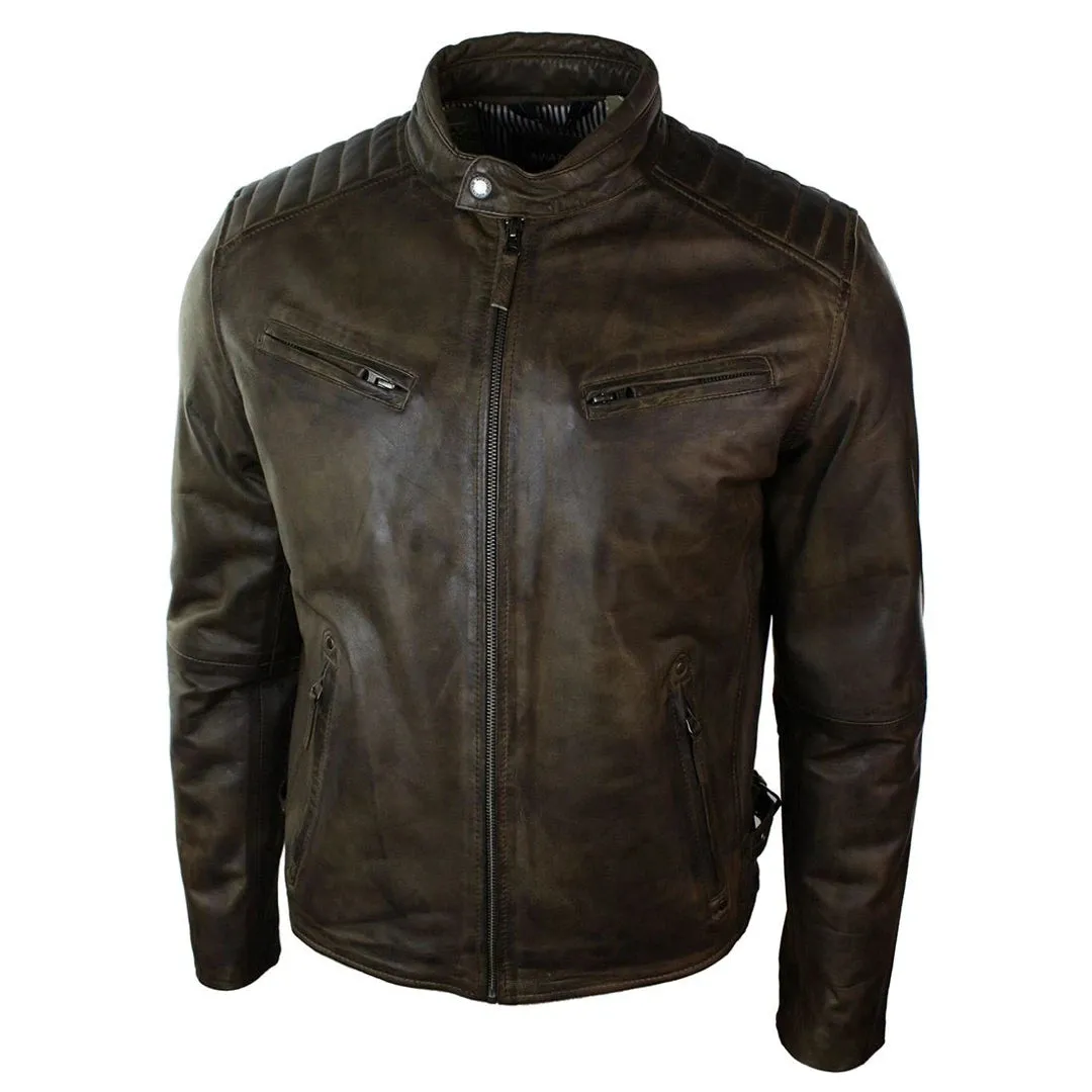 Men's Zipped Biker Jacket Washed Leather Brown Urban
