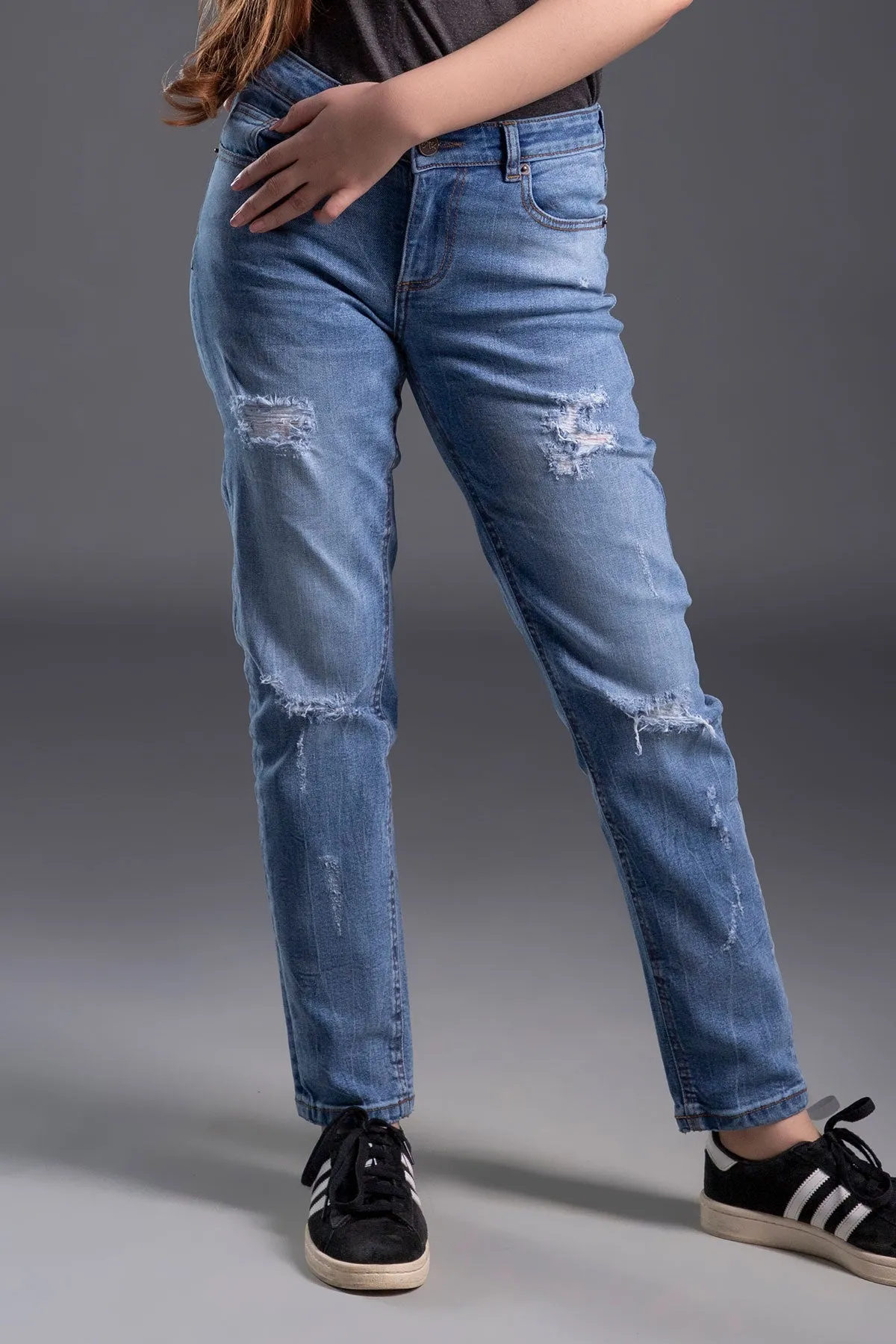 Mid Rise Stretchable Ripped Straight Fit Jeans (Light Blue)