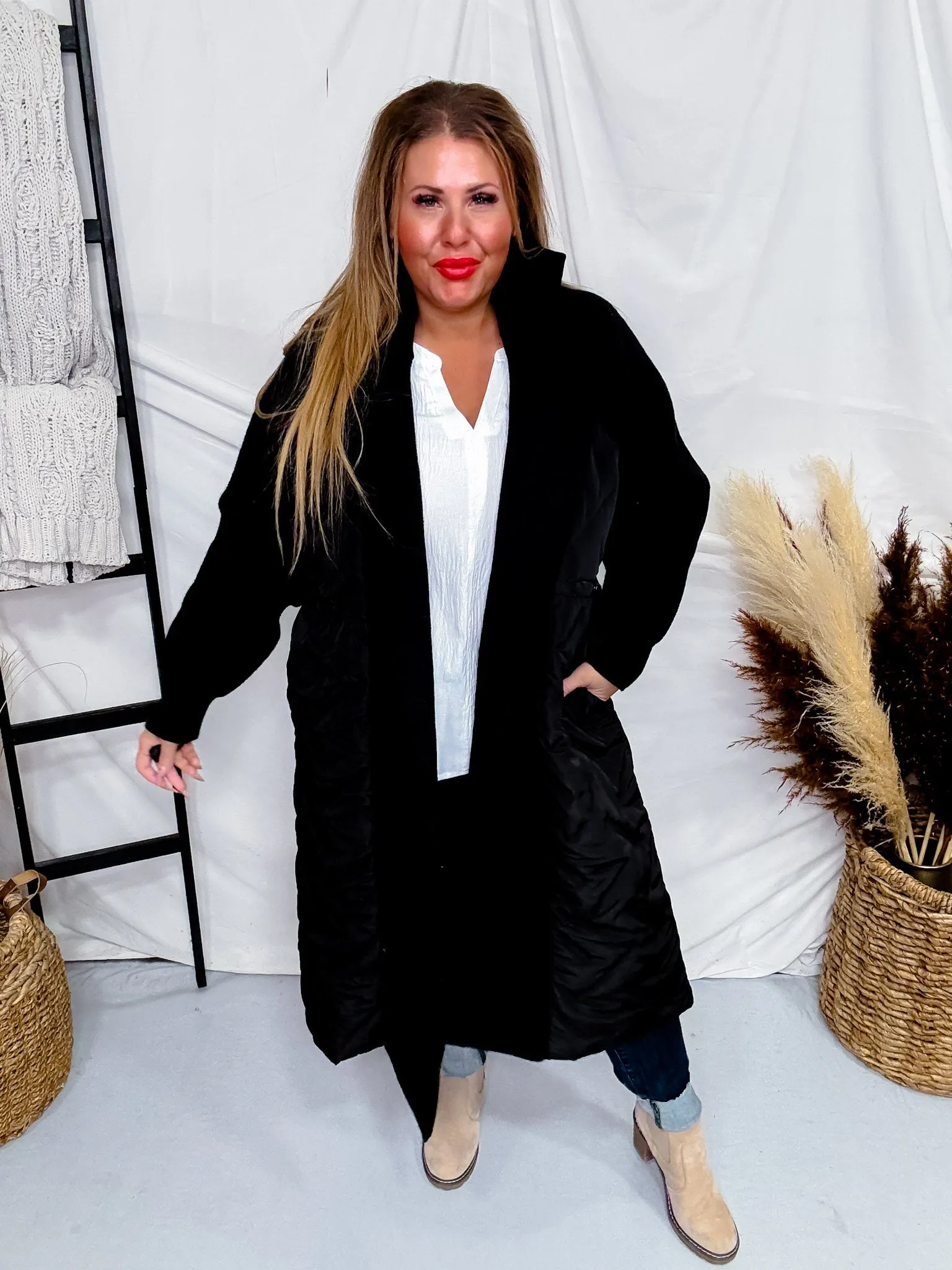 Mixed Knit and Quilted Jacket with Turn Down Collar