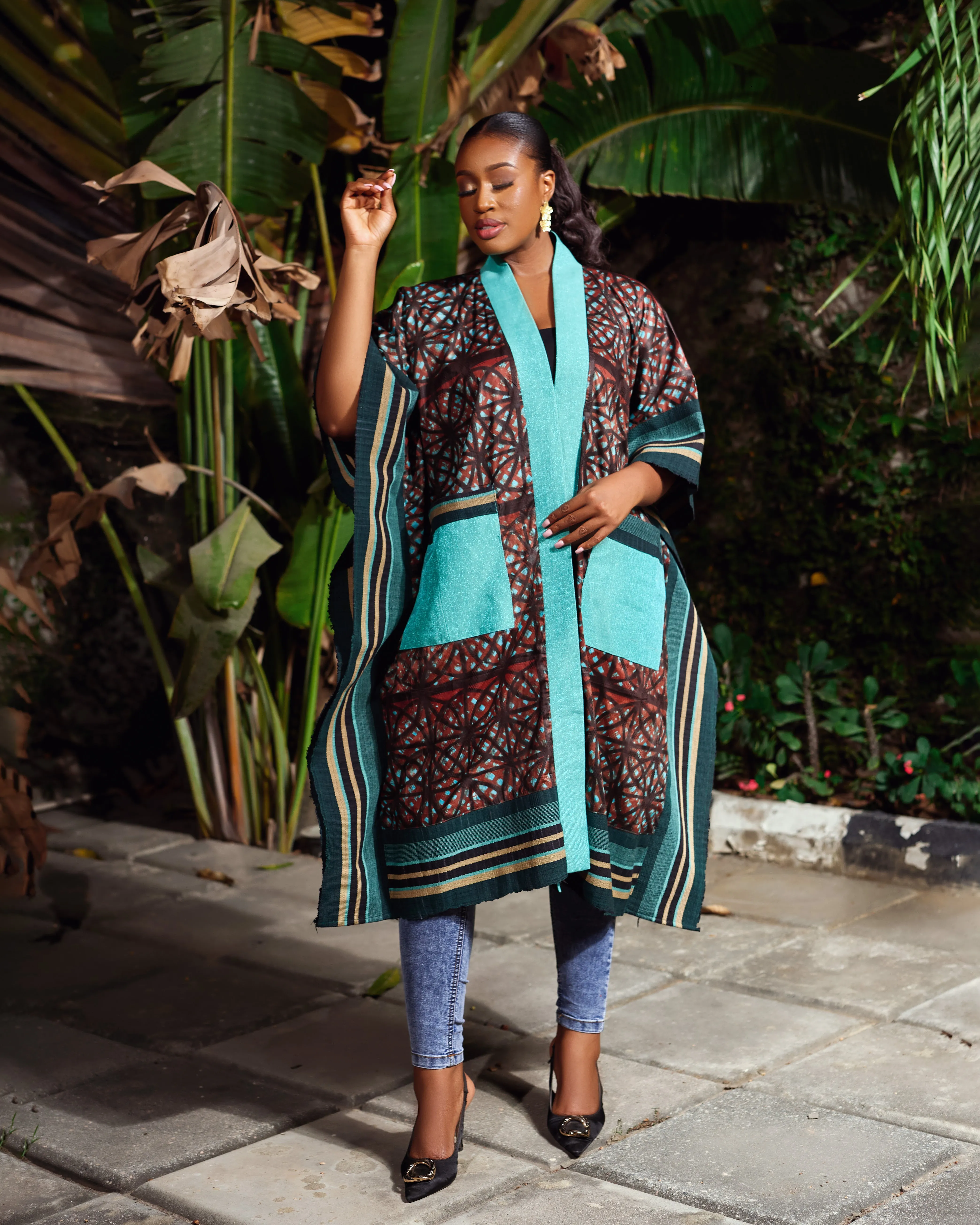 New in African Print Asoke Midi Kimono Jacket - Goke