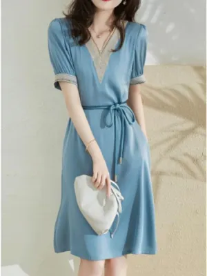 New Summer Elegant Dress V-neck Openwork Embroidered Lace Waist Slim Women's Commuter Casual Wear Dresses for Women Embroidery