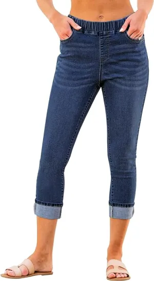 Nightfall Blue Women's High Waisted Elastic Slight Stretch Denim Pull On Cuffed Hem Capri Jeans Denim Pants