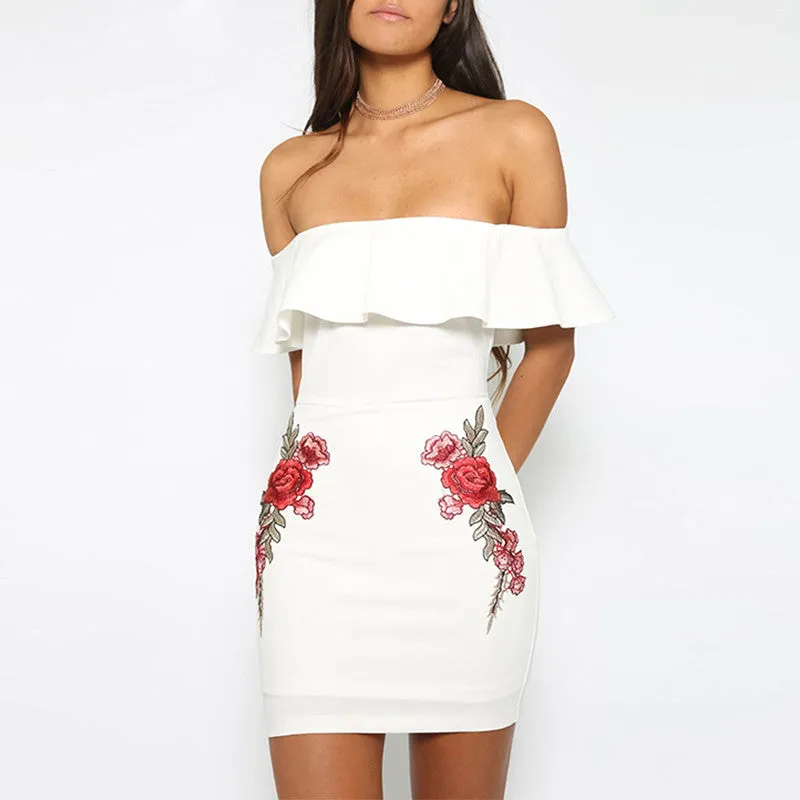 Off Shoulder Ruffle Dress With Flower Embroidery