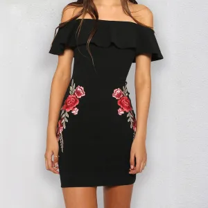 Off Shoulder Ruffle Dress With Flower Embroidery