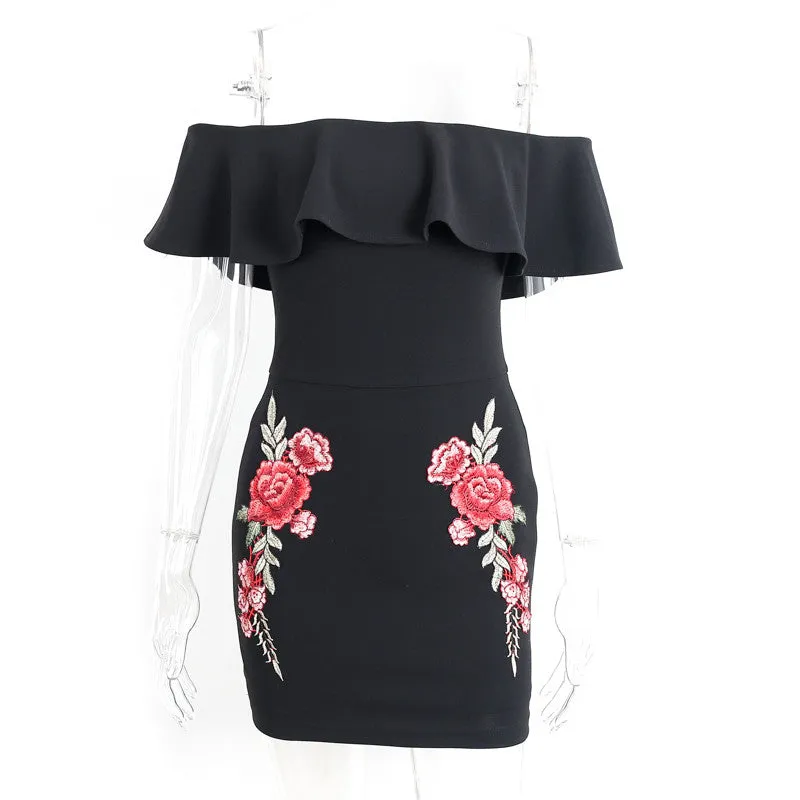 Off Shoulder Ruffle Dress With Flower Embroidery