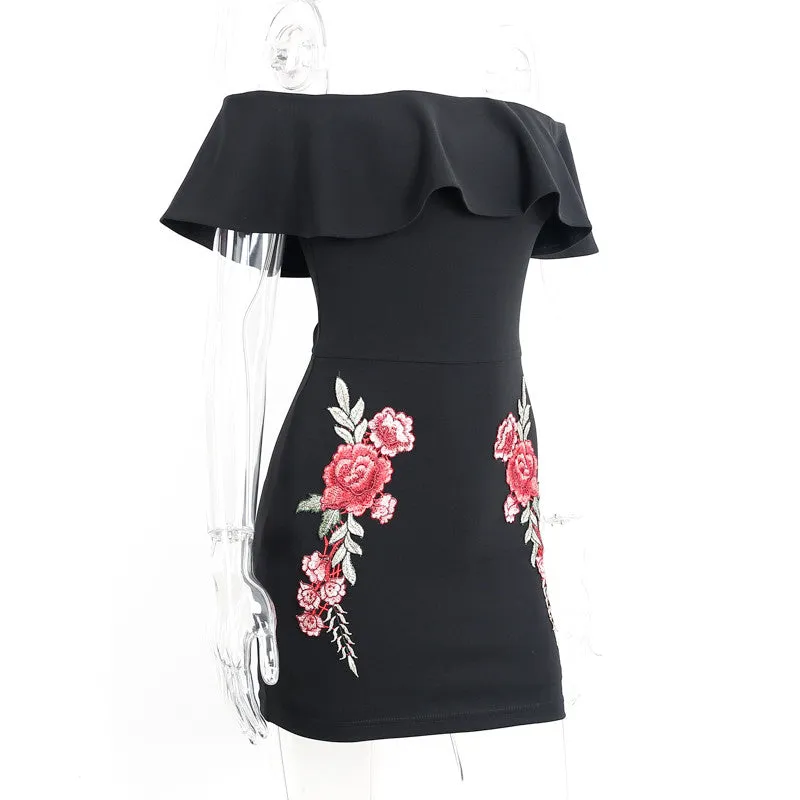 Off Shoulder Ruffle Dress With Flower Embroidery