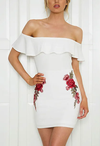 Off Shoulder Ruffle Dress With Flower Embroidery