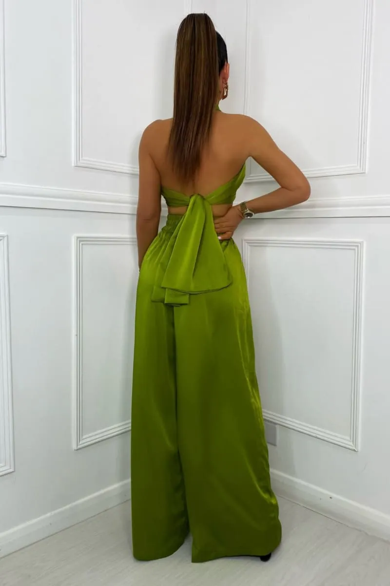 Olive Green Halter Wrap Top And Palazzo Satin Pants Set