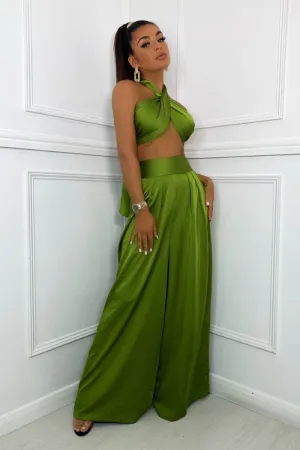 Olive Green Halter Wrap Top And Palazzo Satin Pants Set