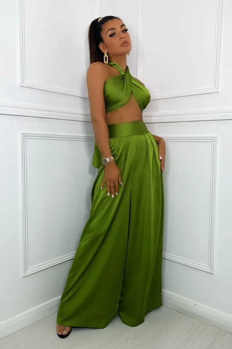 Olive Green Halter Wrap Top And Palazzo Satin Pants Set