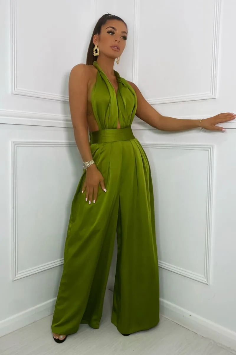 Olive Green Halter Wrap Top And Palazzo Satin Pants Set