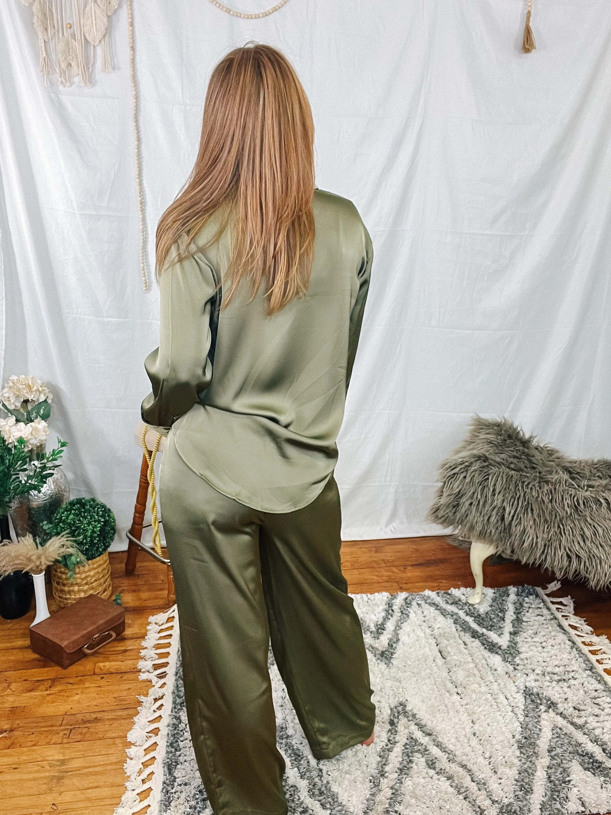 Olive Satin Wide Leg Pants